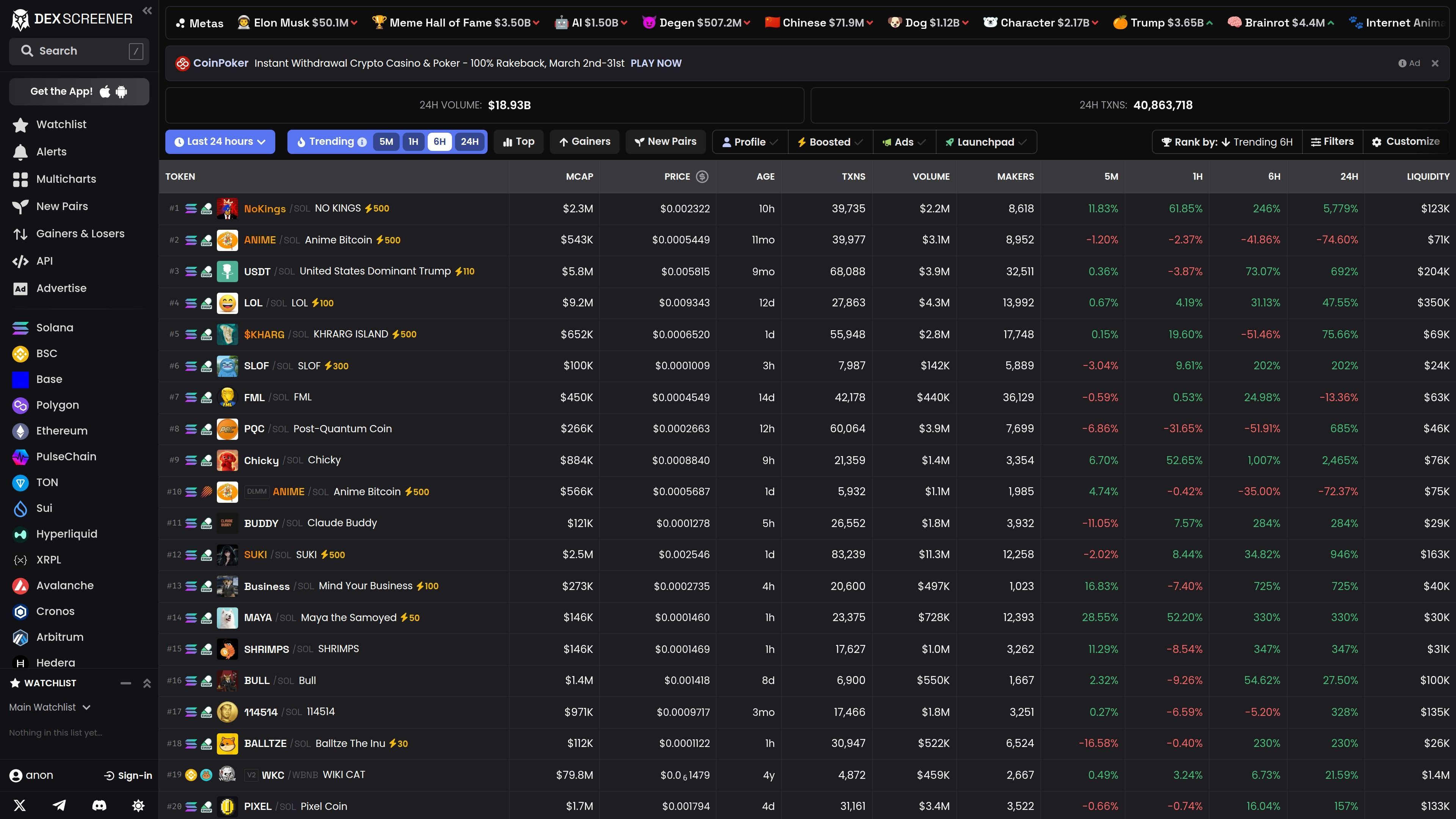 DexScreener homepage showing trending pairs across all chains