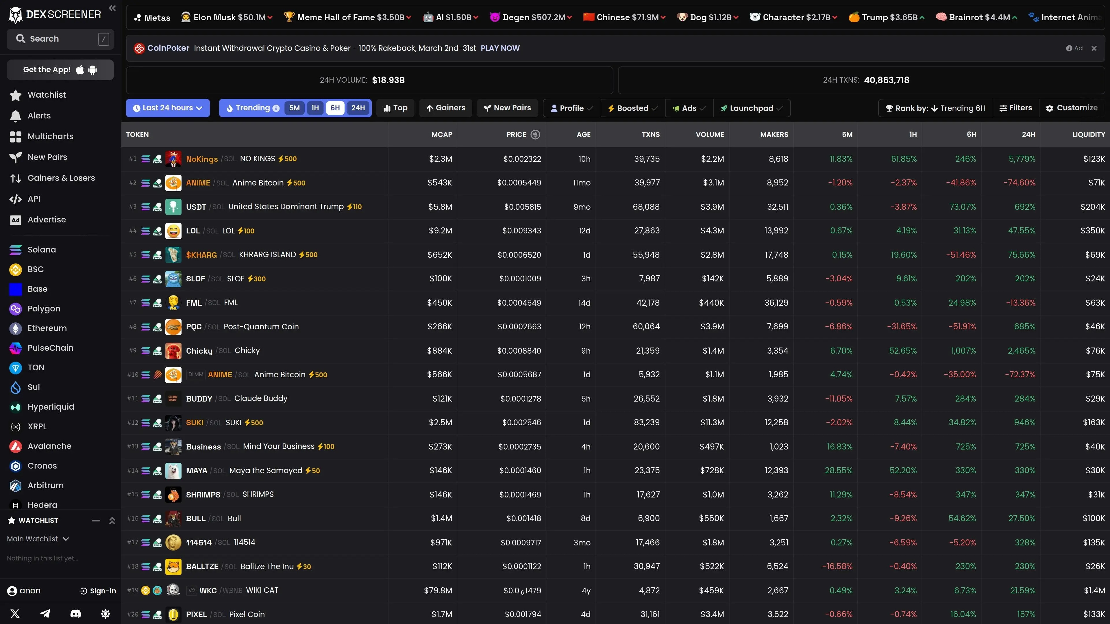DexScreener homepage showing trending pairs across all chains