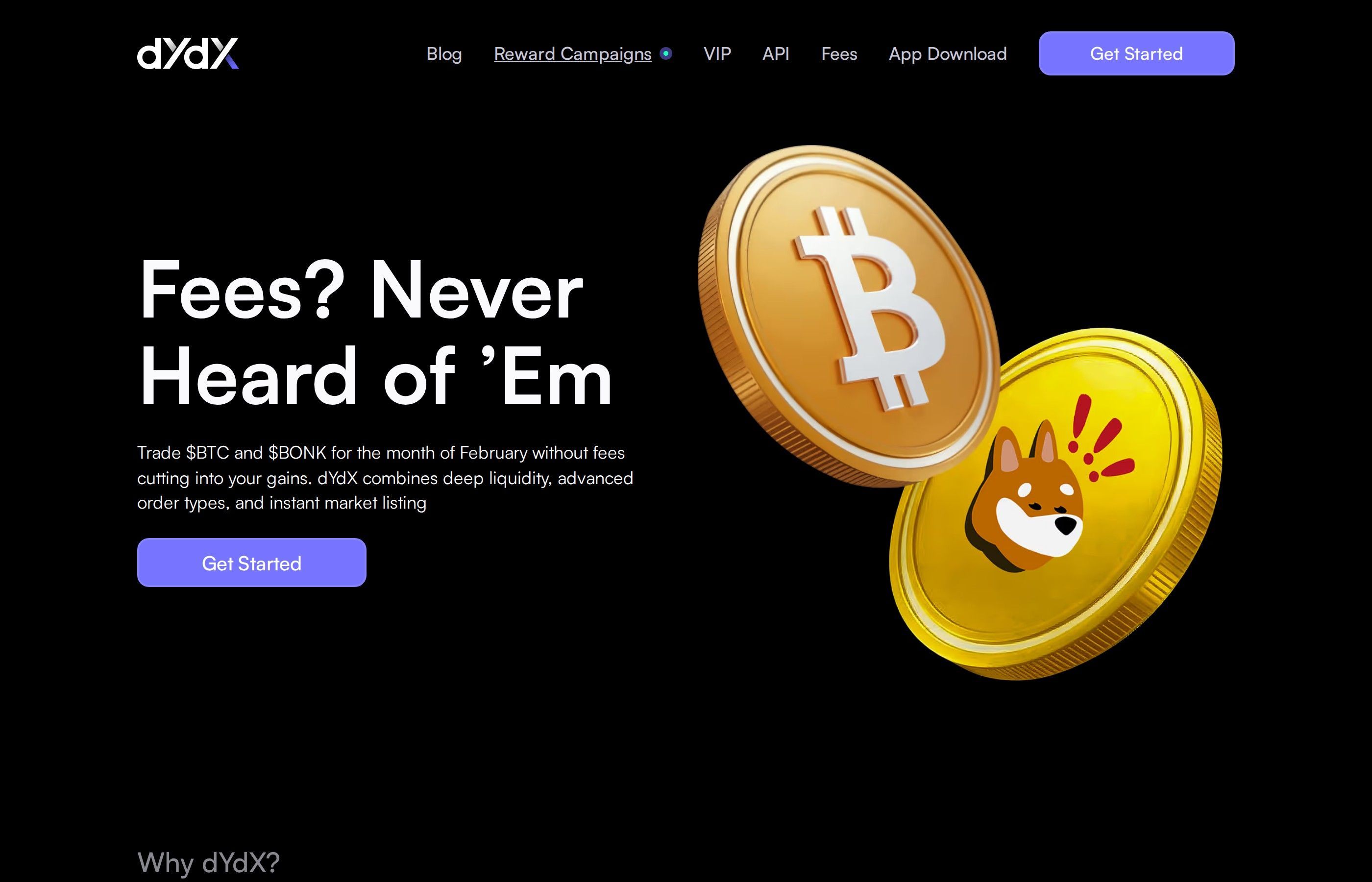 dYdX homepage showing perpetual trading interface and supported markets