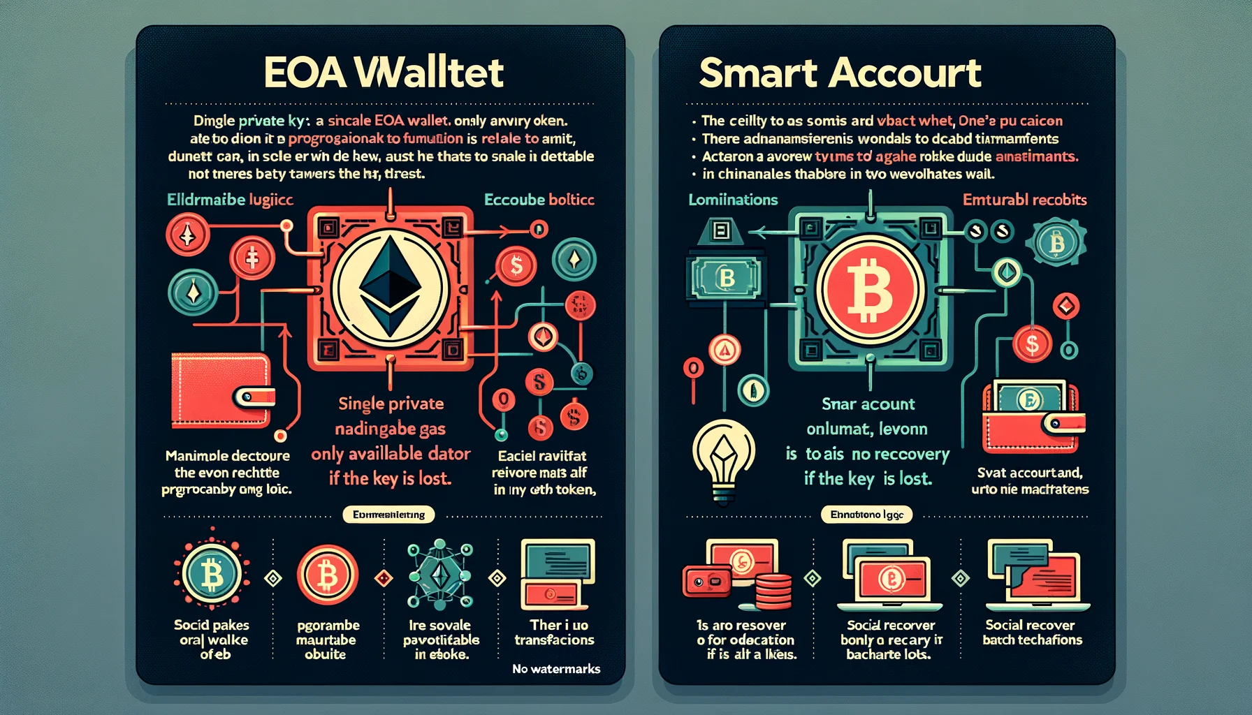 EOA wallet vs Smart Account: single key vs programmable logic, ETH-only gas vs any token, no recovery vs social recovery