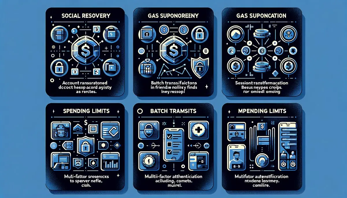 Smart wallet features: social recovery, gas sponsorship, batch transactions, session keys, spending limits, multi-factor auth
