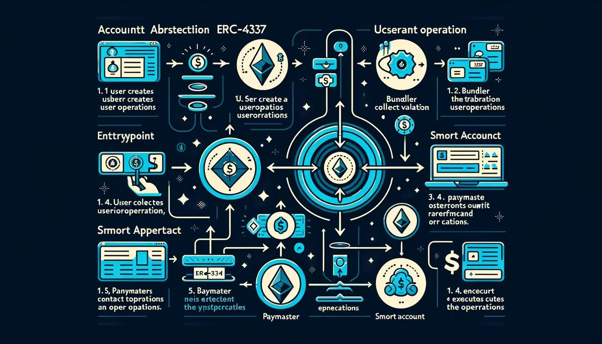 ERC-4337 transaction flow: UserOperation, Bundler collects, EntryPoint validates, Paymaster sponsors gas, Smart Account executes