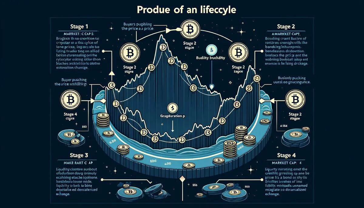 Pump.fun token lifecycle: creation on bonding curve, buyers push price up, graduation threshold, migration to Raydium DEX