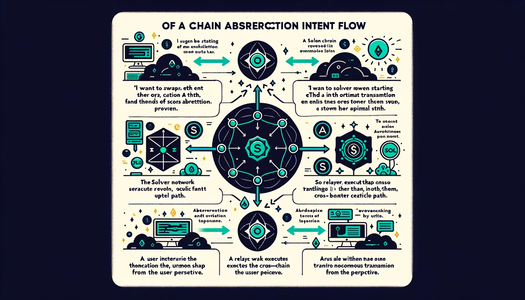 Chain abstraction intent flow: user states swap intent, solver finds path, relayer executes cross-chain, user receives tokens