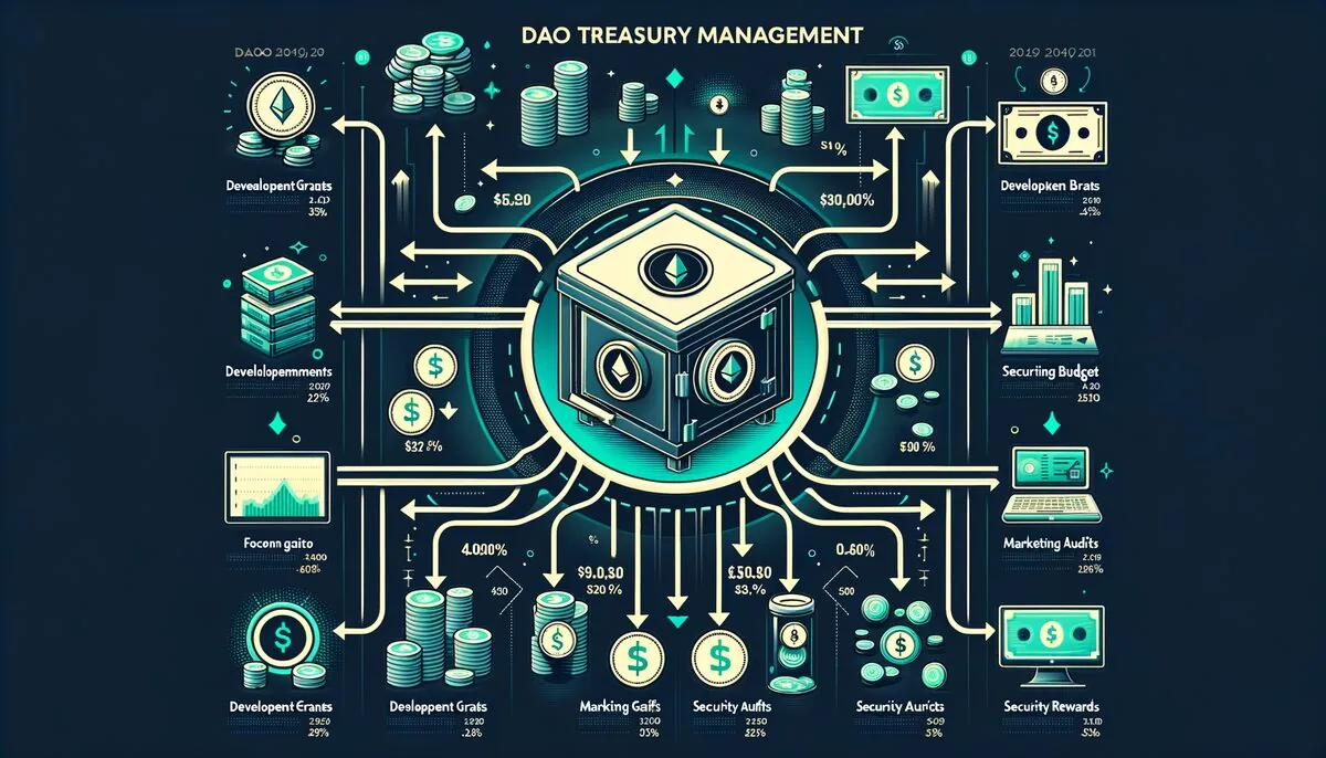 DAO treasury management showing fund allocation to development, marketing, security audits and community rewards
