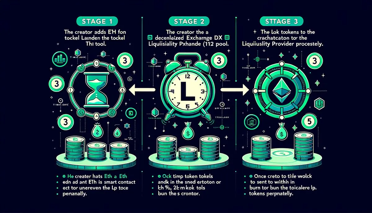 Token launch liquidity locking: add to DEX, send LP tokens to timelock contract, lock expires or burn permanently