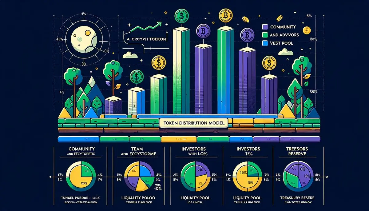 Crypto token distribution model: community 40%, team 20% vested, investors 15%, liquidity 15%, treasury 10%