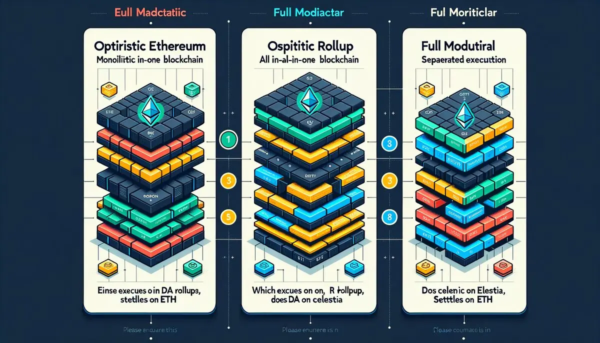 Modular stack comparison: Ethereum monolithic, Optimistic Rollup partial, Full Modular with Celestia DA
