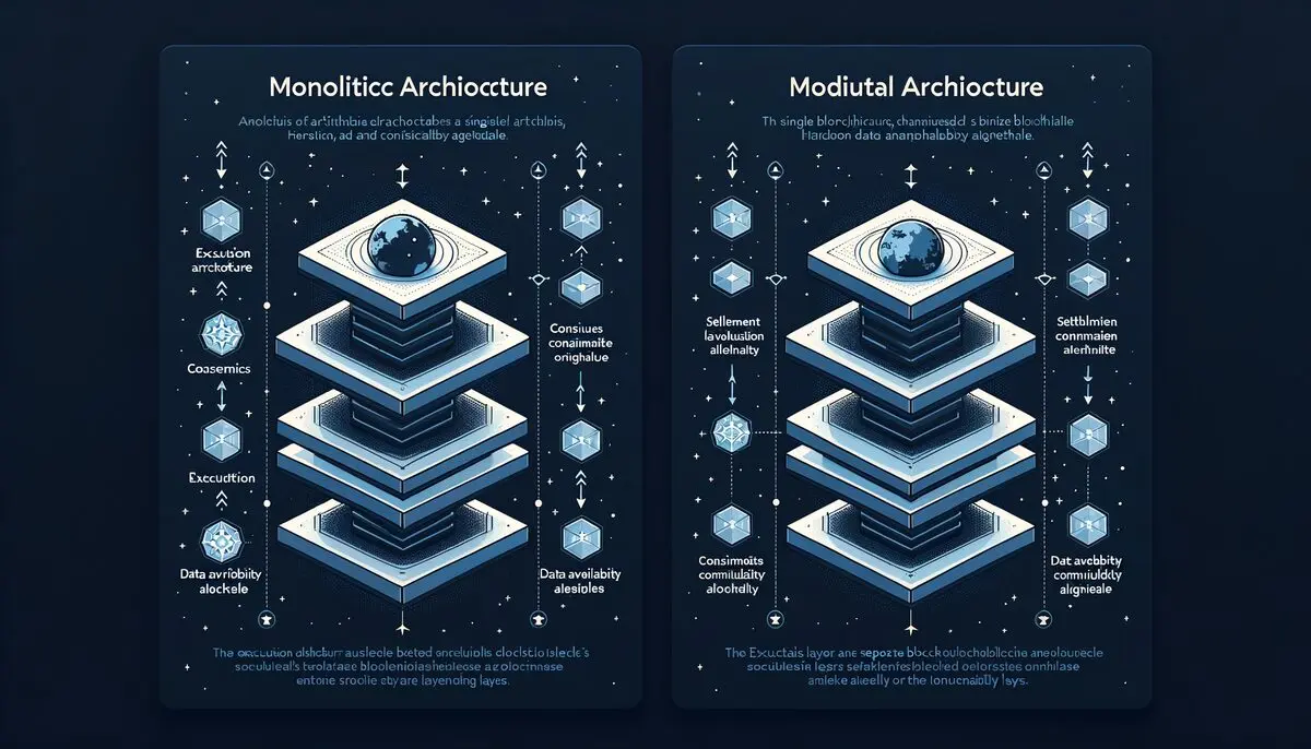 Monolithic vs modular blockchain: single block handling everything vs separate execution, settlement, consensus, data availability layers