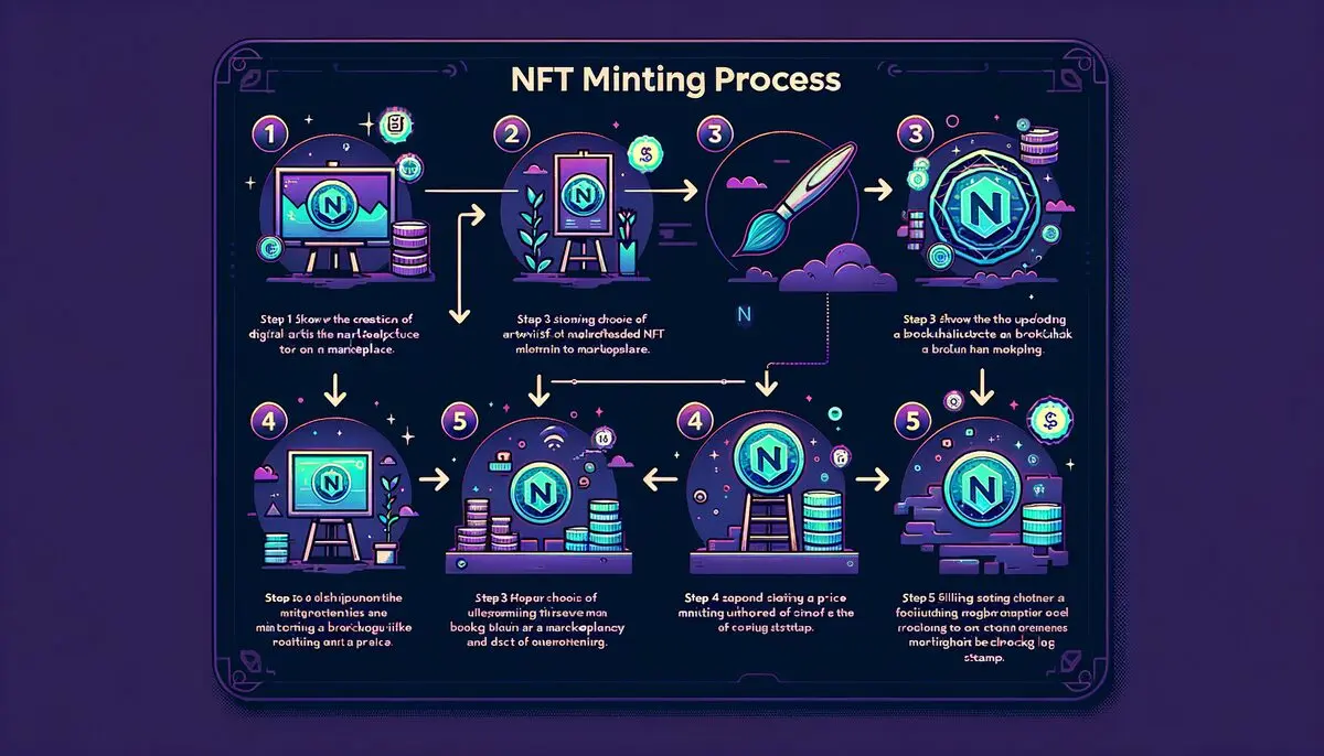 NFT minting process: create artwork, choose blockchain, upload to marketplace, set price and royalties, mint on-chain