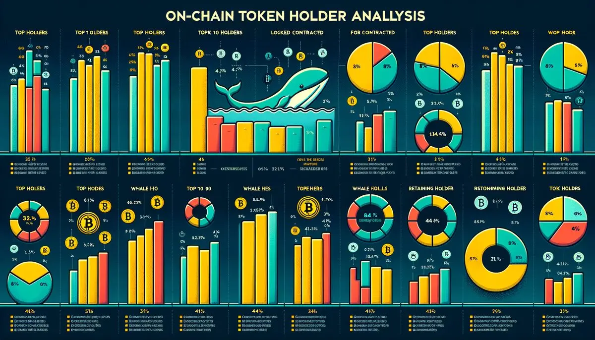 Token holder distribution analysis: top holders bar chart color-coded by type with distribution pie chart