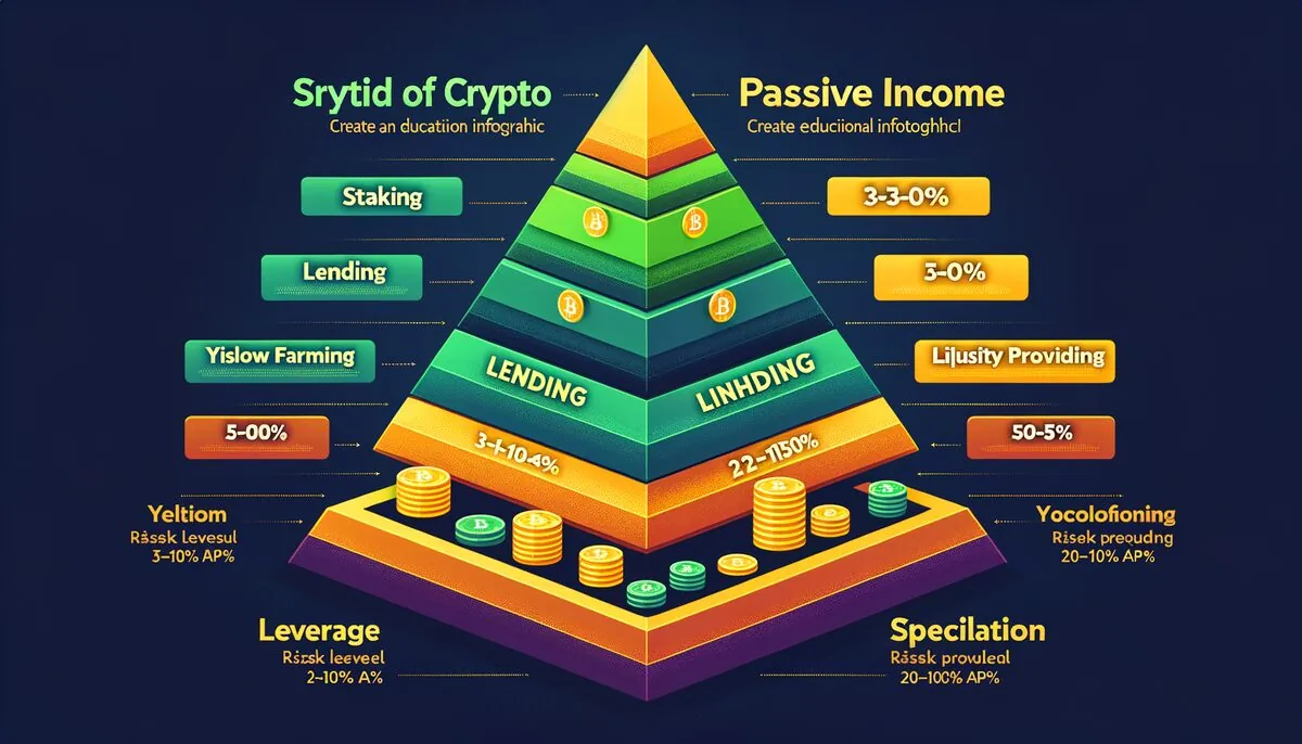 Crypto passive income risk pyramid: staking at base (safest, 3-8% APY), lending, liquidity providing, yield farming, leverage at top (riskiest)