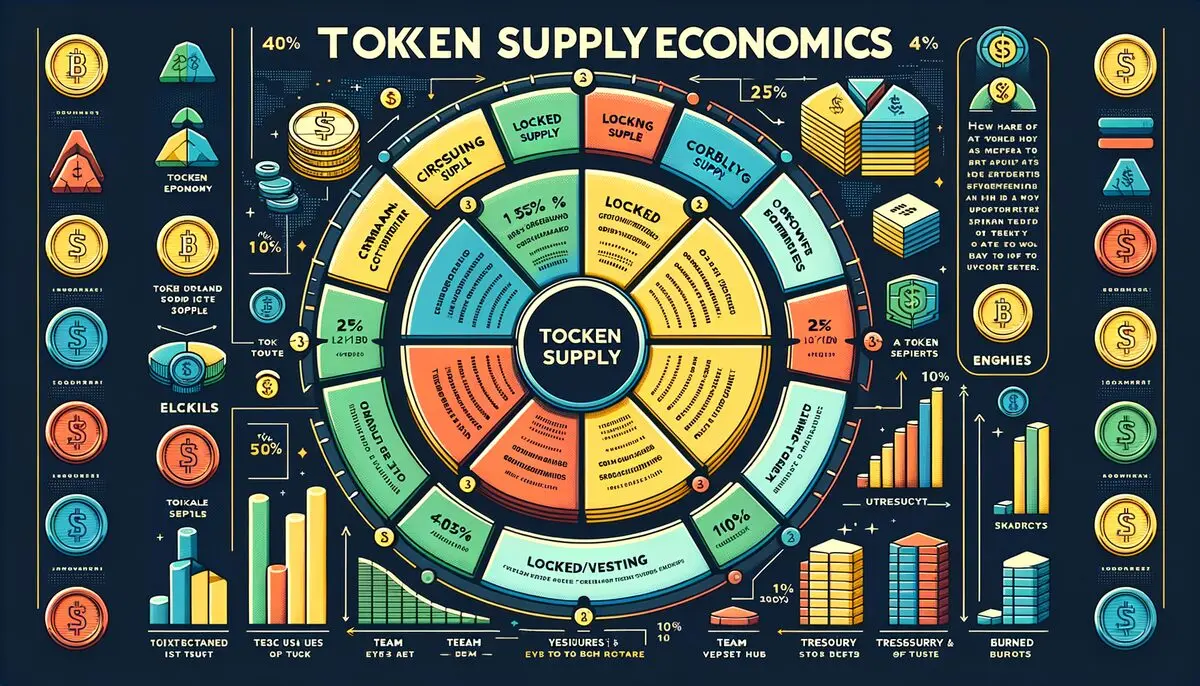 Token supply economics: pie chart showing circulating supply, locked vesting, team allocation, treasury and burned tokens with unlock timeline