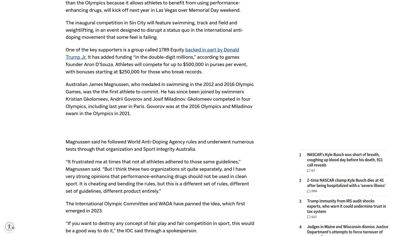 AP News coverage of the Enhanced Games highlighting athlete prizes, timing and anti-doping criticism.