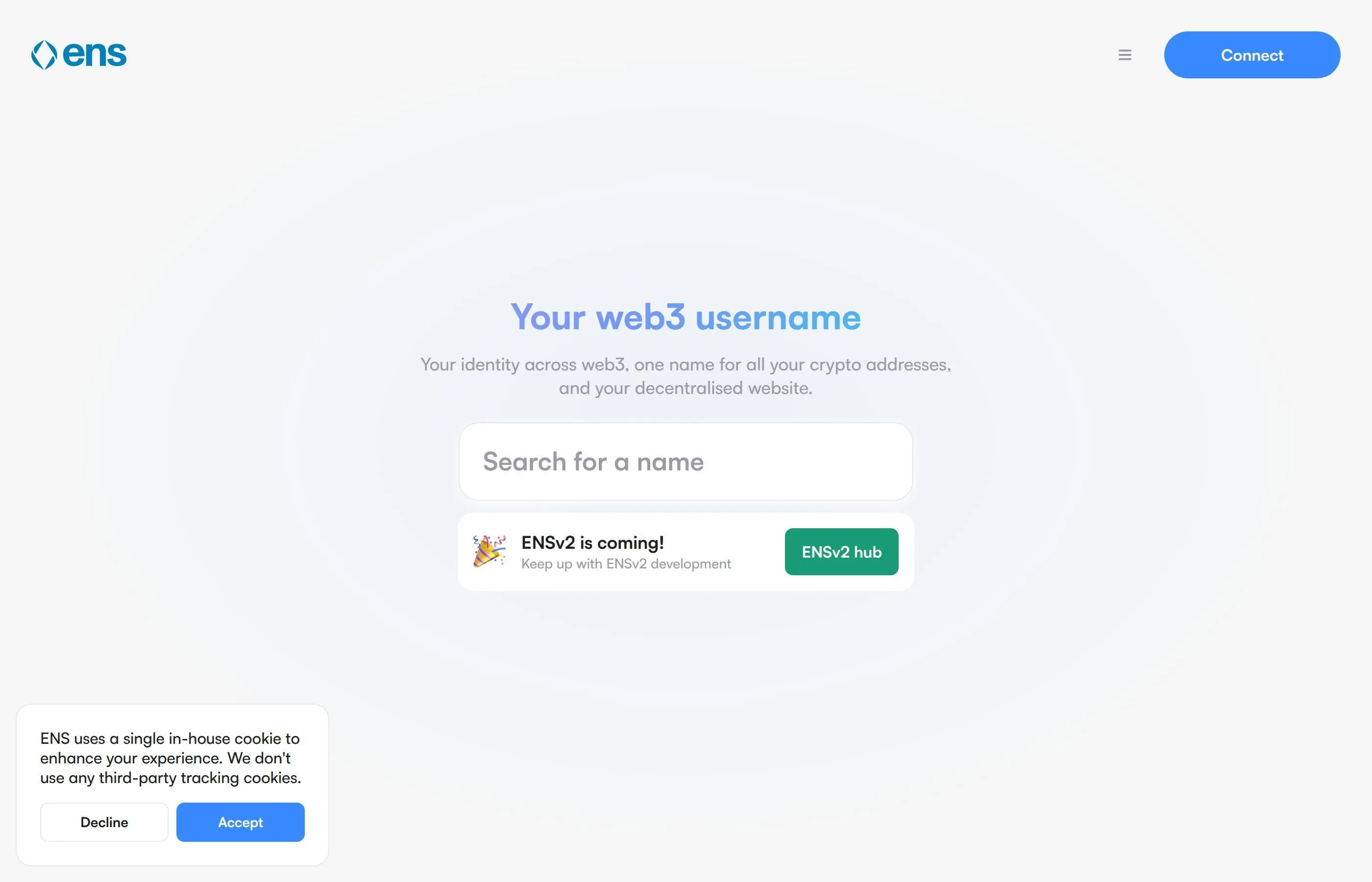 ENS Domains app interface showing domain search and registration