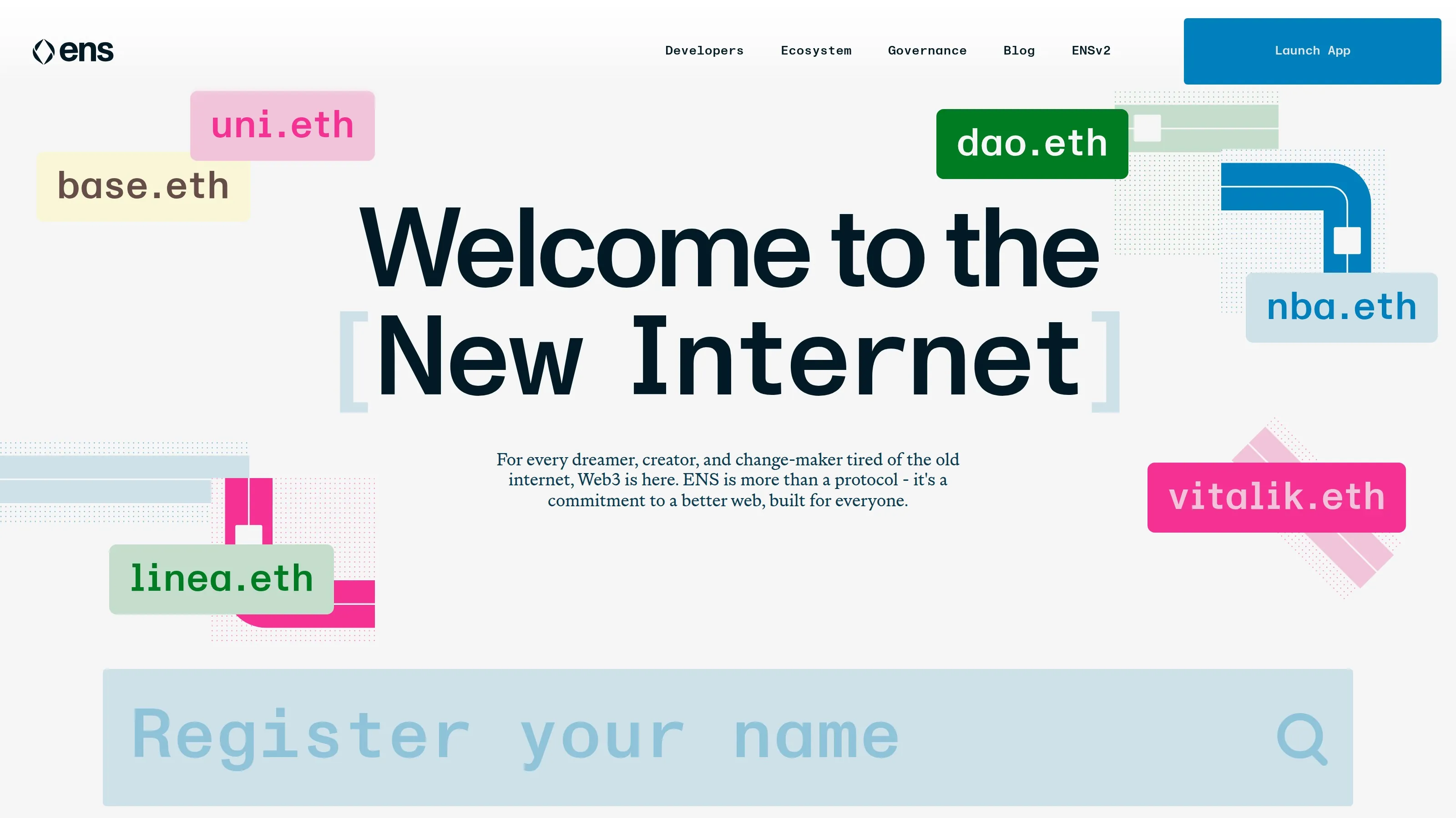 ENS homepage showing Ethereum Name Service, wallet names and Web3 identity tools.