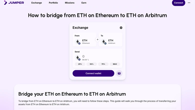 Jumper bridge interface showing ETH moving from Ethereum to Arbitrum