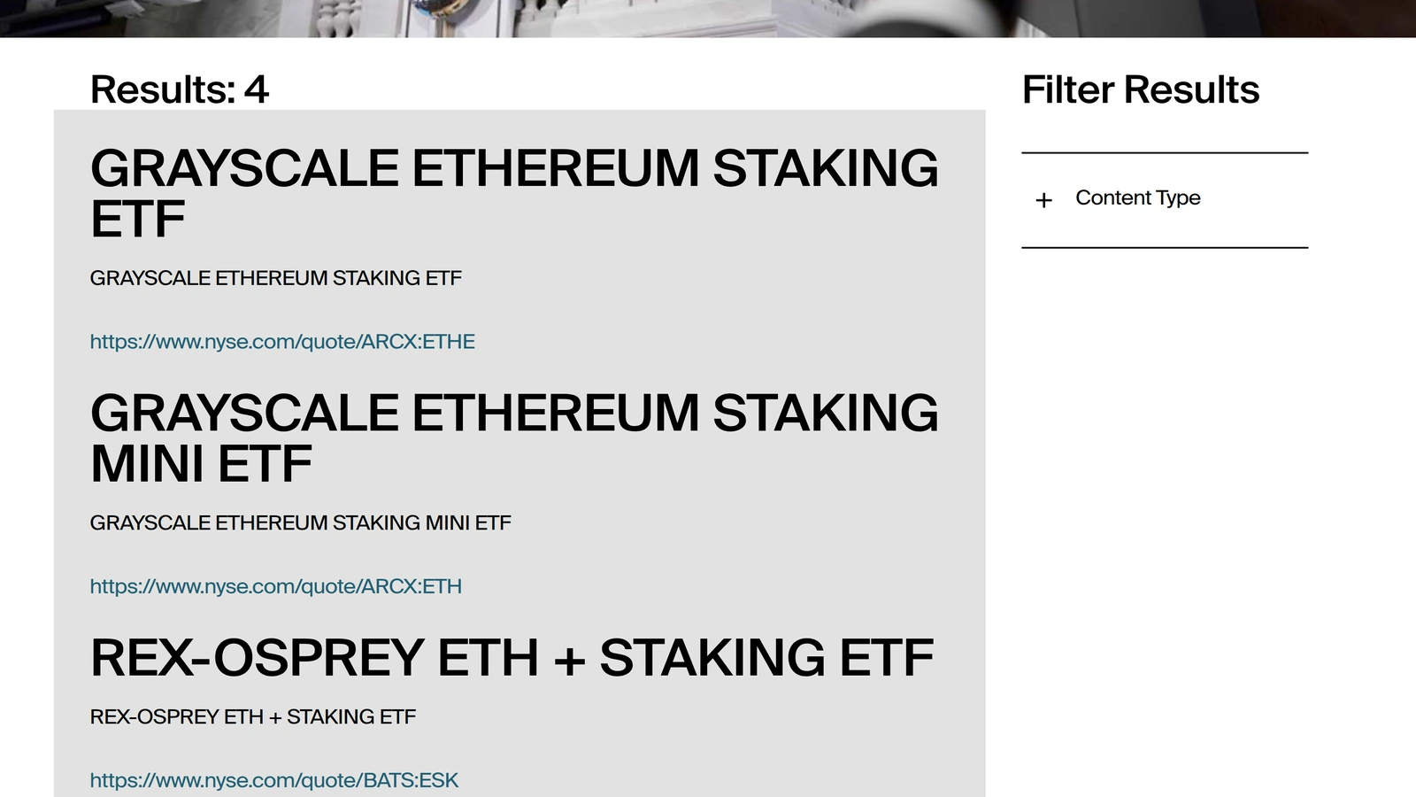 NYSE search results showing ETHE and ETH as separate Grayscale Ethereum ETF listings