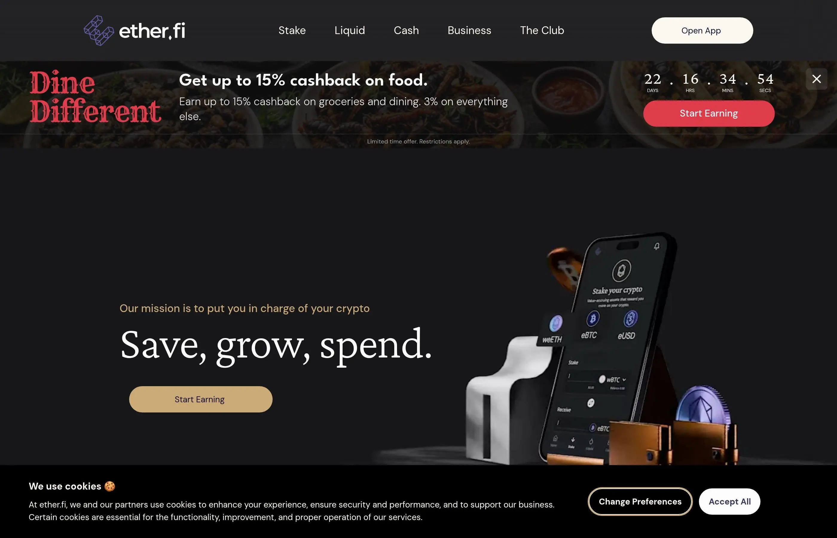 EtherFi liquid restaking dashboard showing eETH and weETH tokens