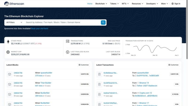 Etherscan screenshot for blockchain explorer comparison