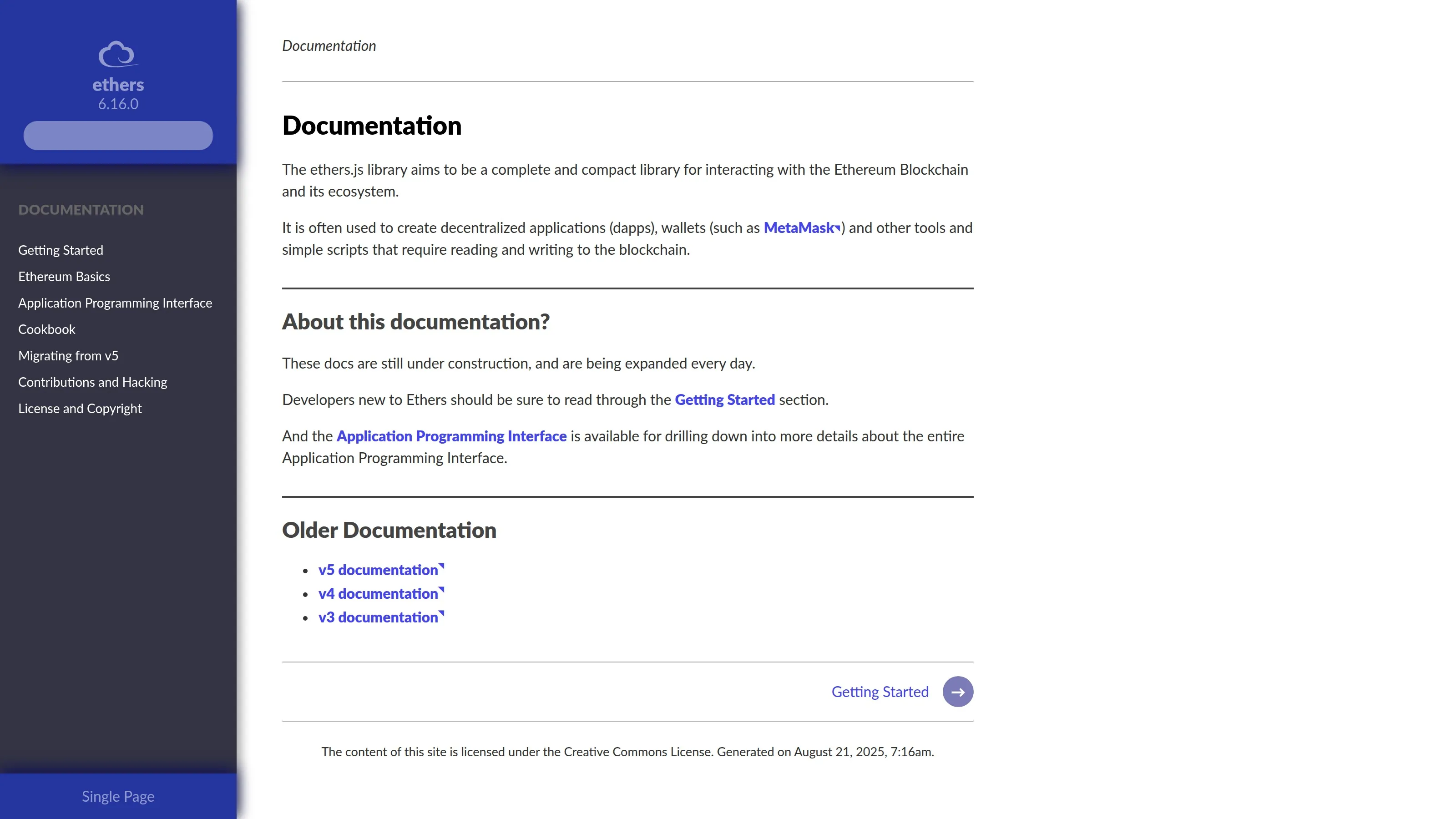 ethers.js documentation showing Ethereum JavaScript library features, providers and contract interactions.