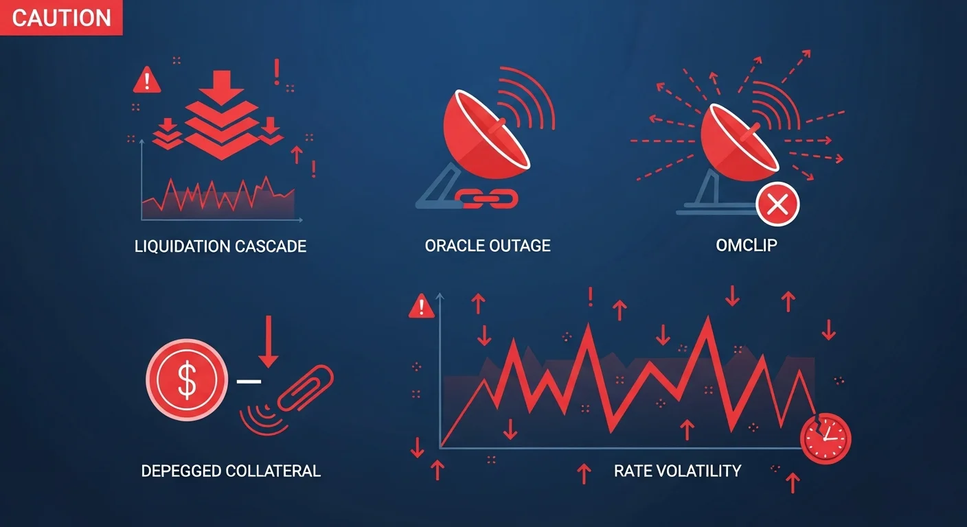 Four-panel illustration of EVAA risks: liquidation cascade, oracle outage, depegged collateral, rate volatility