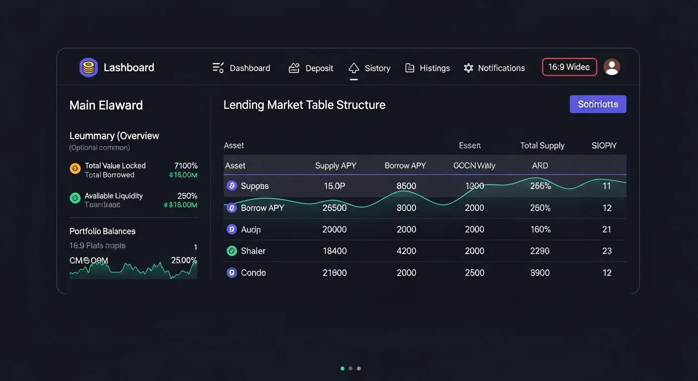 EVAA dashboard mockup with rows for TON, USDT, USDD, jUSDT showing supply APY, borrow APY, and utilization