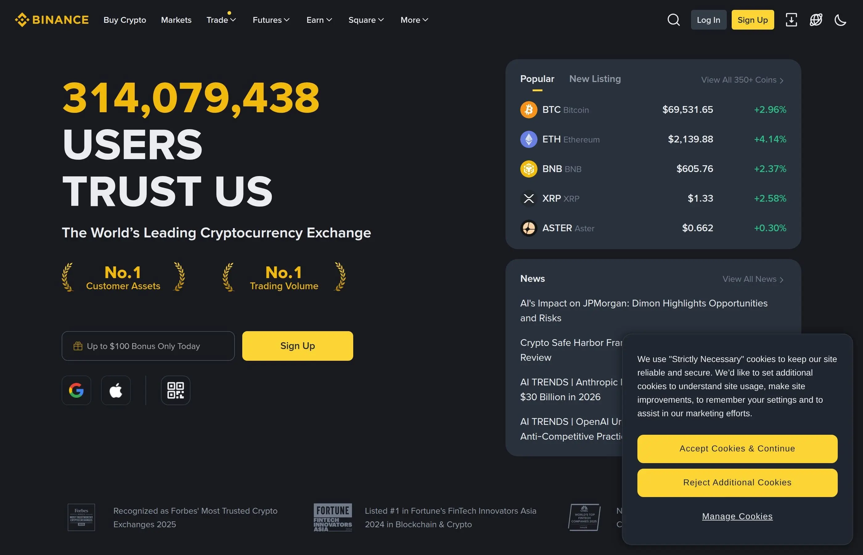 Binance exchange interface and trading dashboard