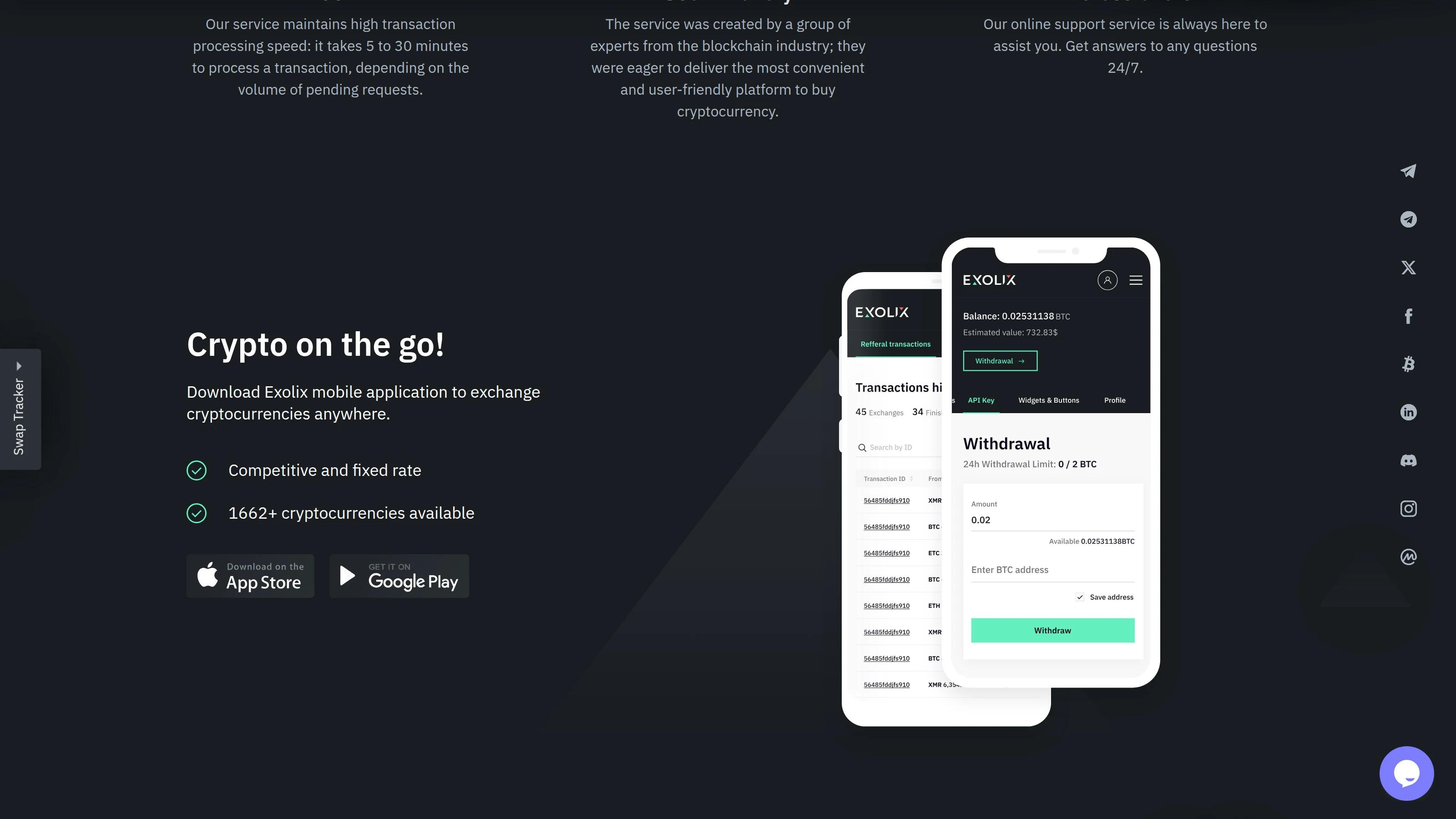 Exolix homepage highlighting no sign-up, self-custody, and fixed or floating rates