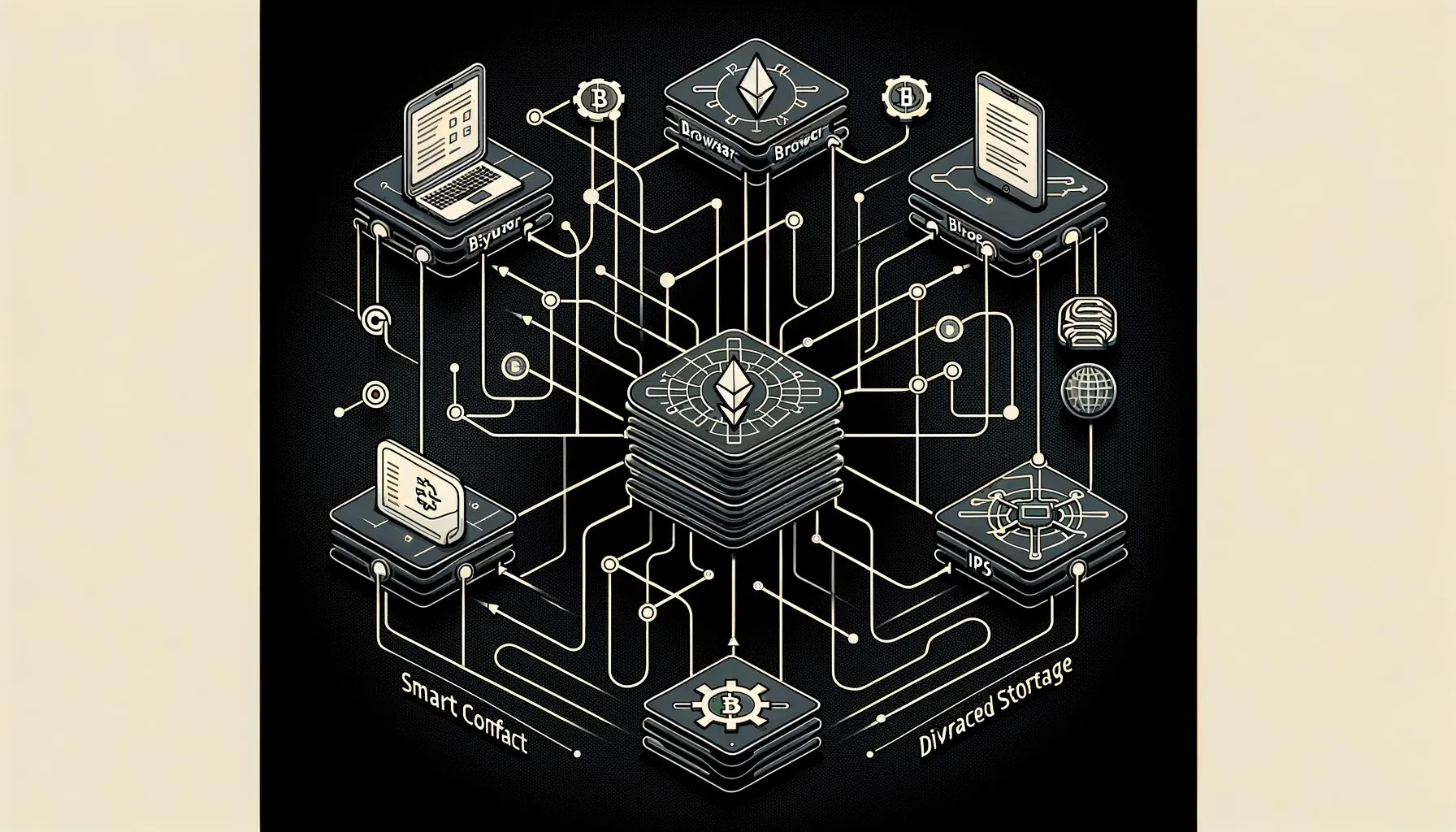 dApp architecture: user wallet connects to frontend, which interacts with smart contract on blockchain and IPFS storage
