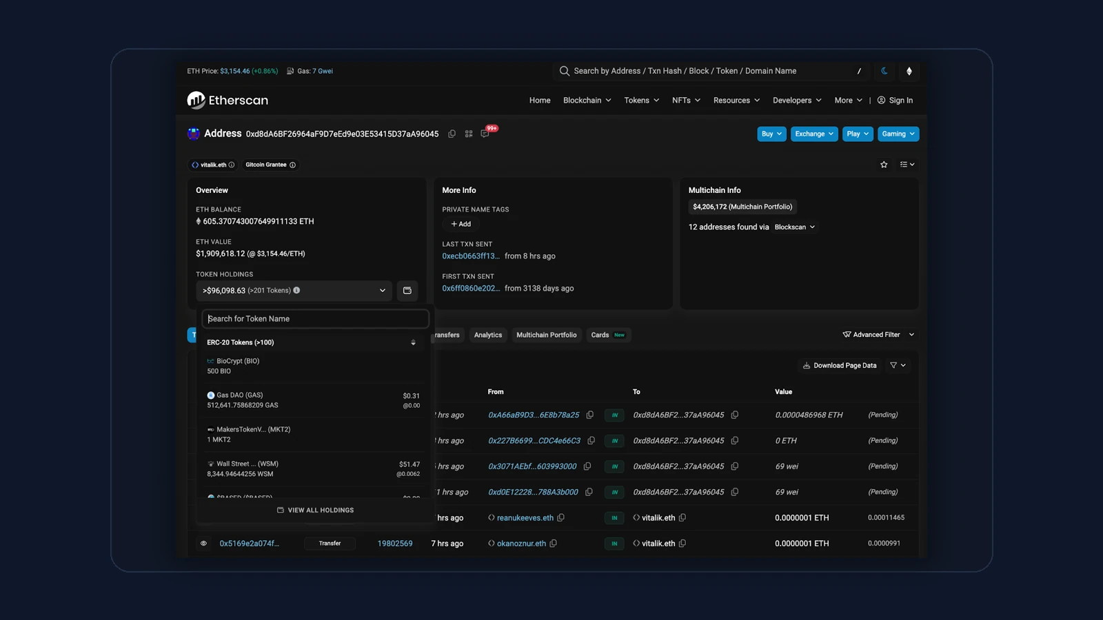 Etherscan address page showing token holdings for an Ethereum account
