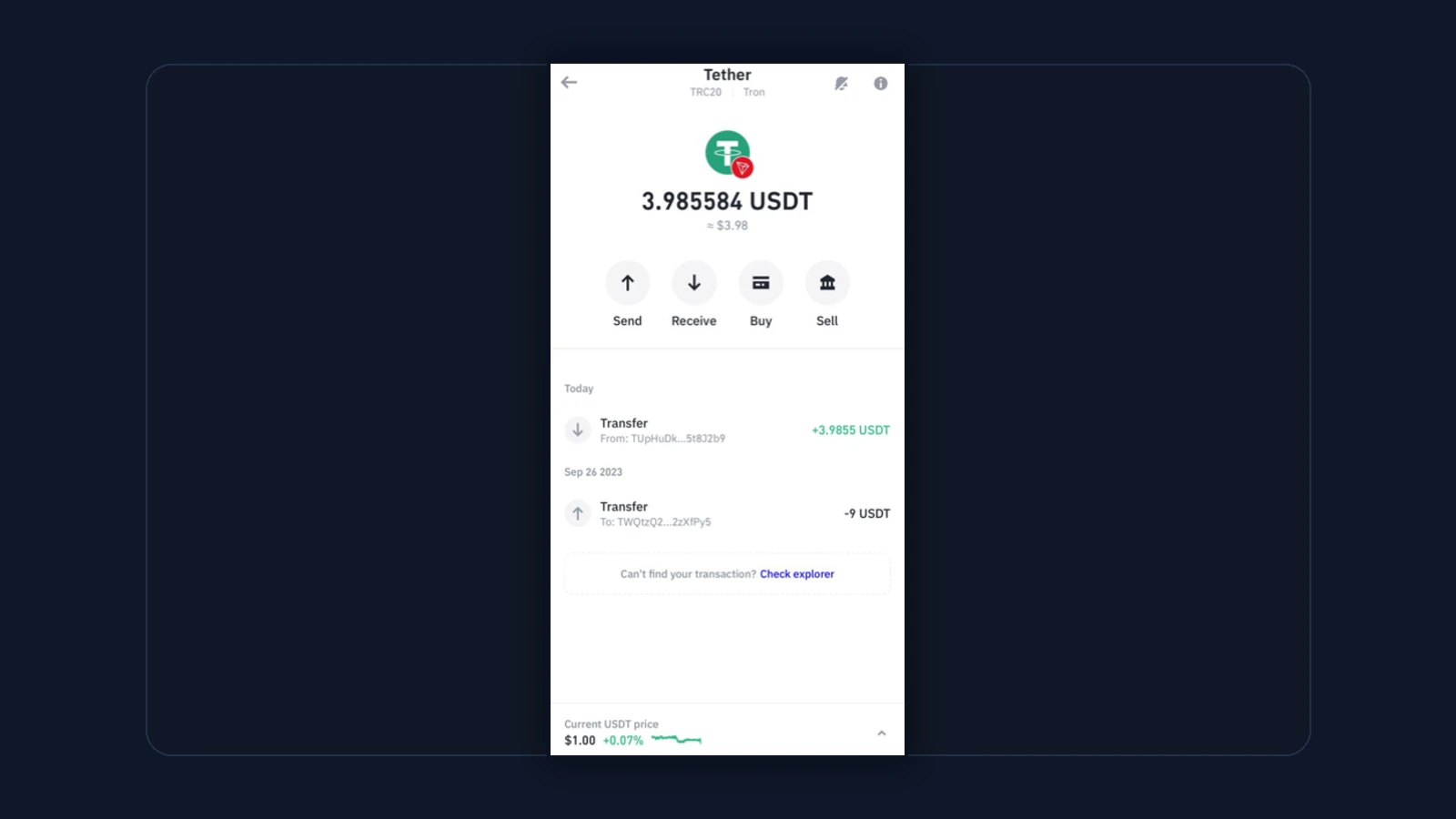Wallet transaction history screen showing a prompt to check the explorer for more detail