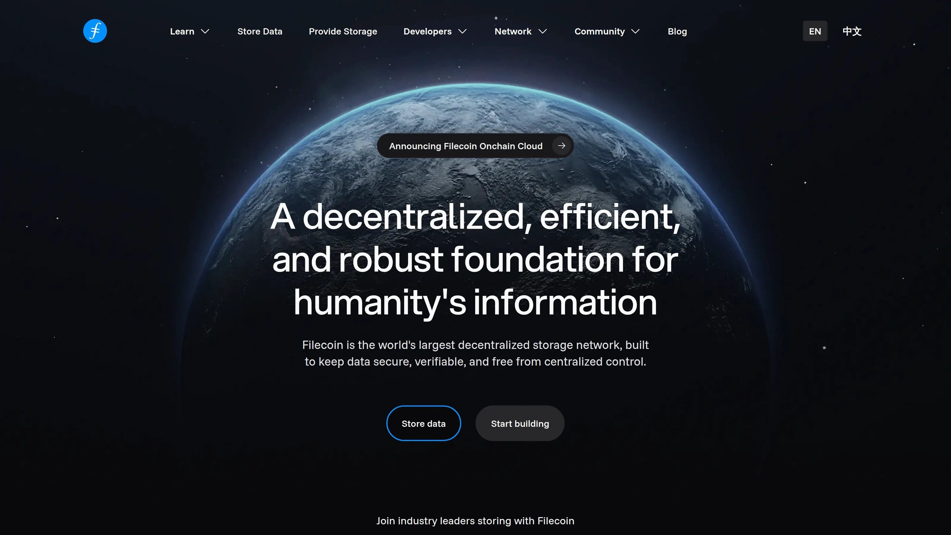 Filecoin homepage showing decentralized storage network, incentives and Web3 data infrastructure.