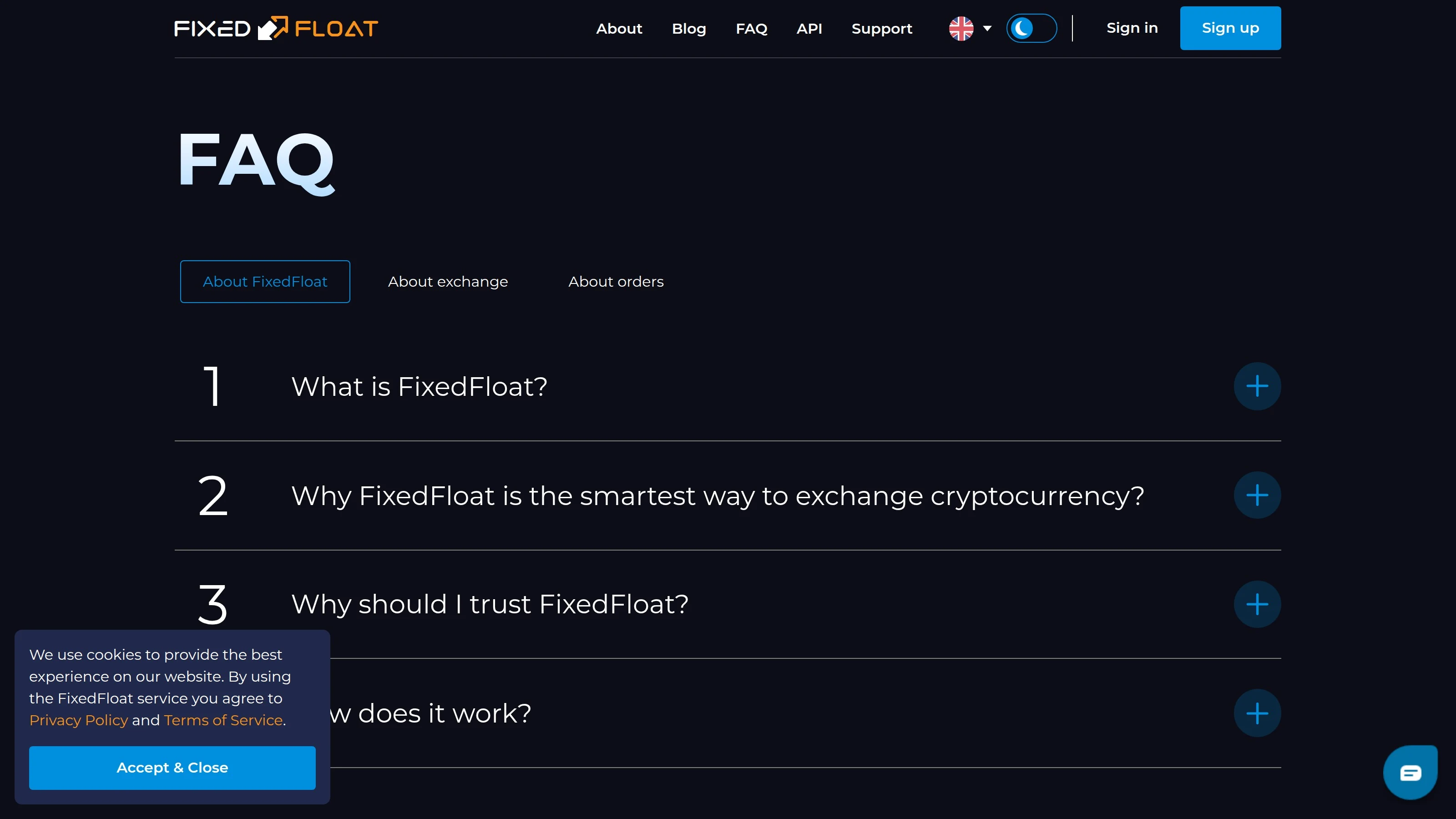 FixedFloat FAQ section explaining fixed and floating rate pricing