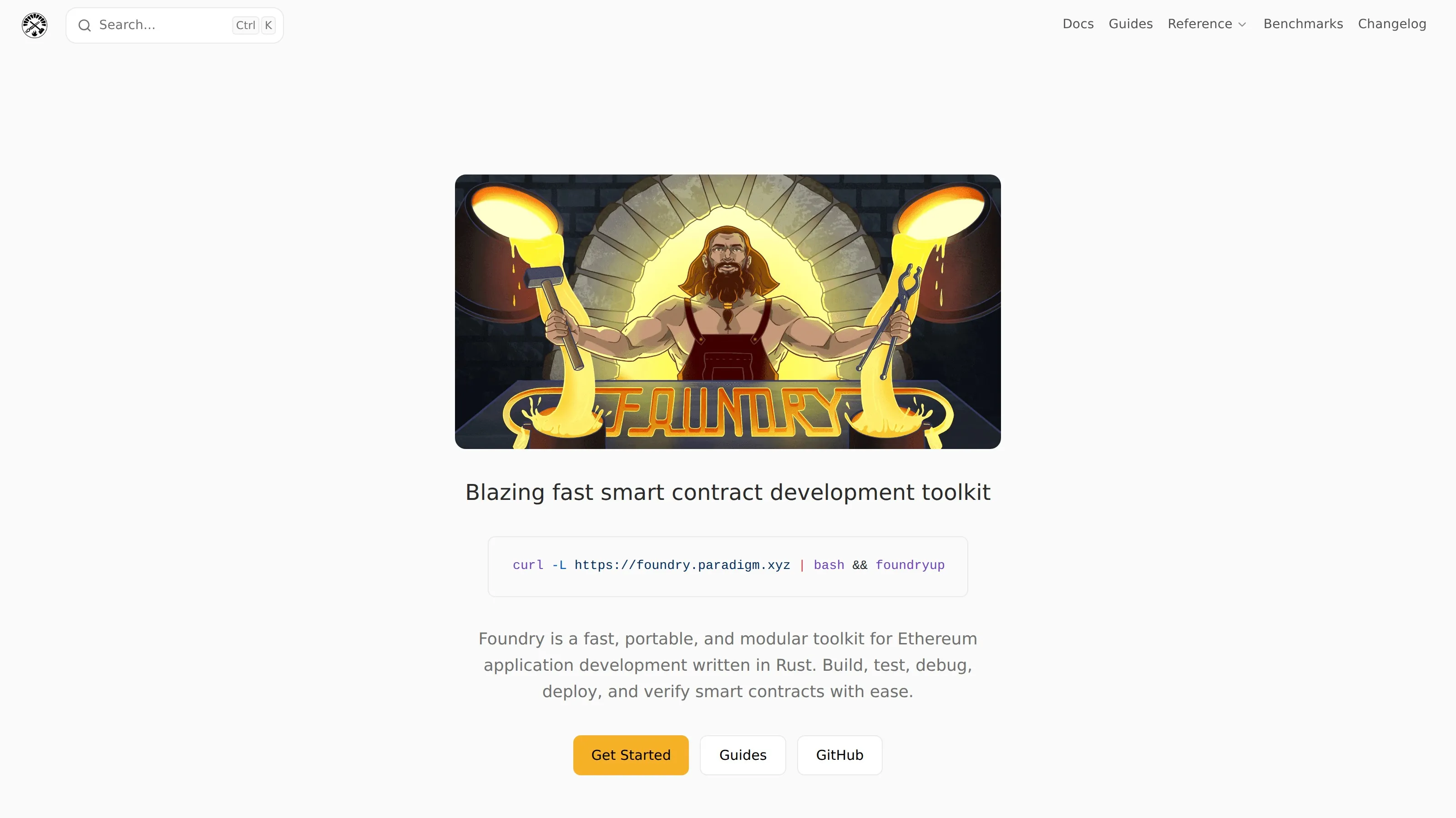 Foundry homepage showing Ethereum smart contract tooling, testing and developer documentation.