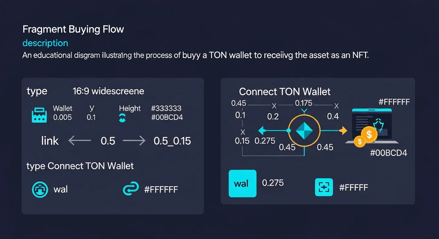 Diagram of the Fragment buying flow: connect TON wallet, browse auctions, place bid, asset arrives in wallet as NFT