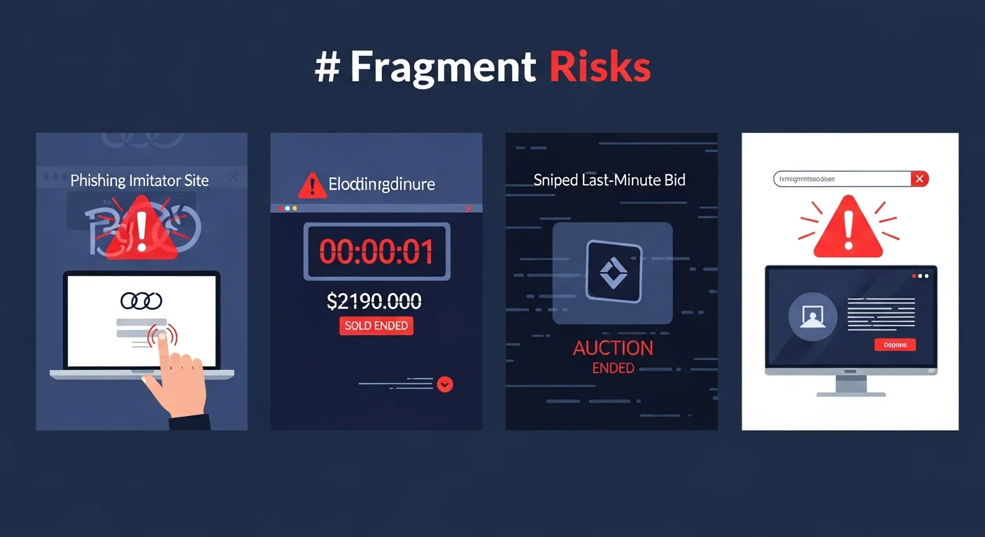 Four-panel illustration of Fragment risks: phishing imitator, sniped bid, fake premium scam, lost deposit