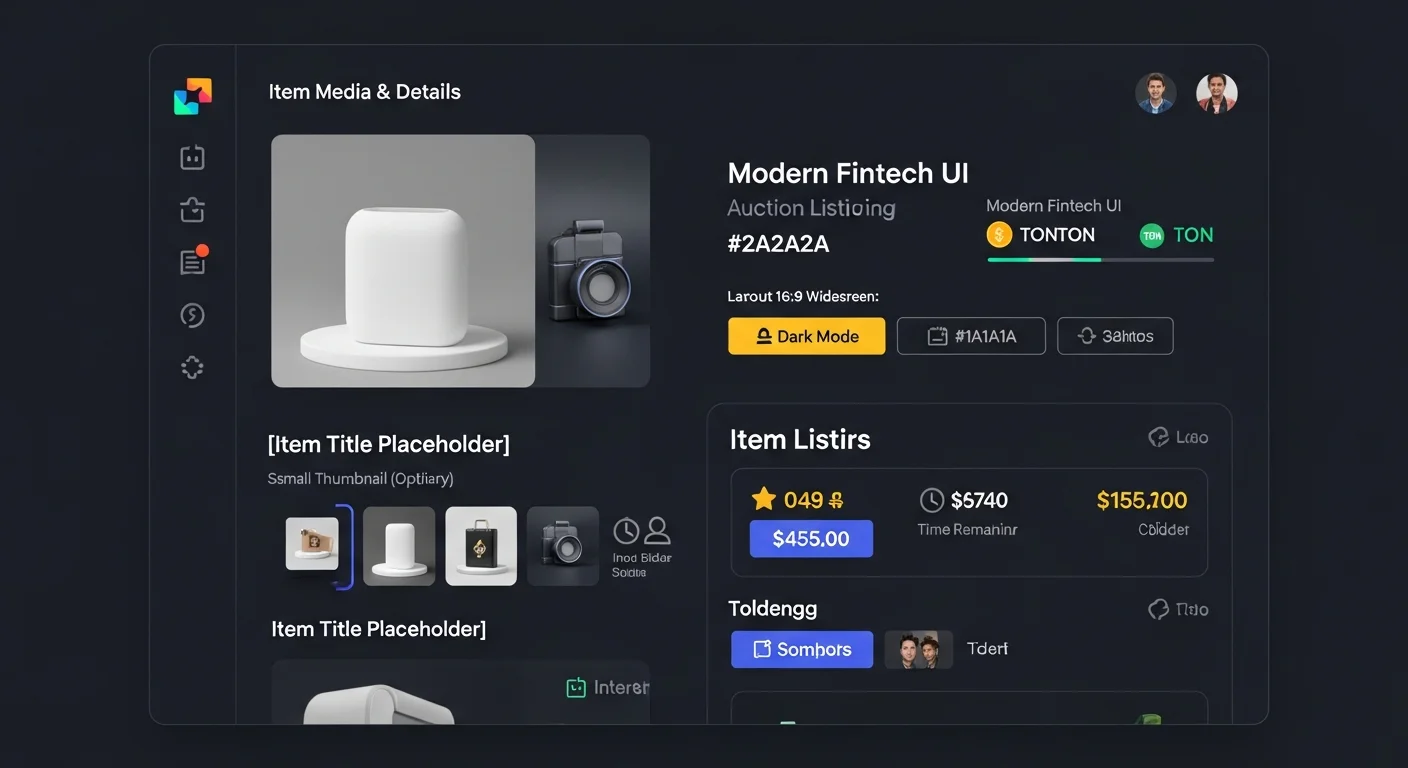 Marketplace mockup of a Fragment auction listing with current bid, time remaining, bidder count, and a place bid button