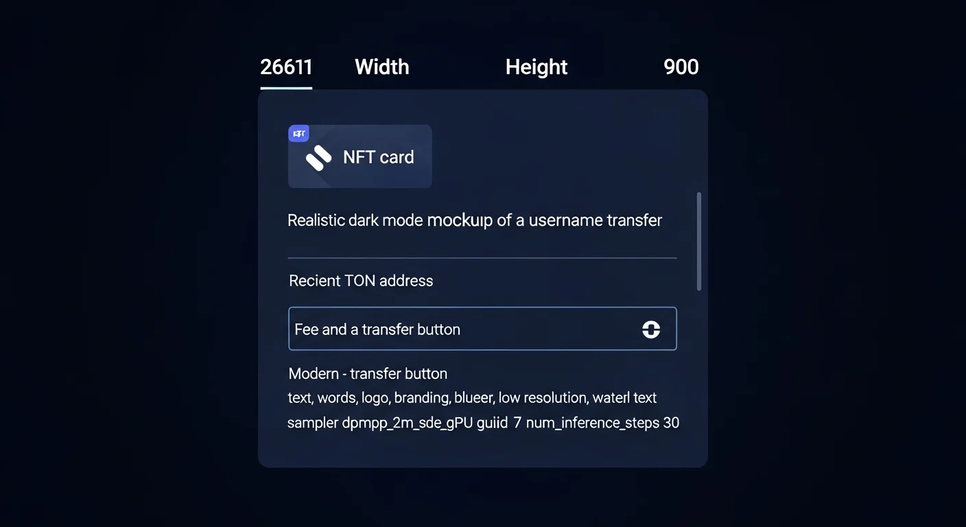 Username transfer screen mockup with NFT card, recipient TON address field, fee, and transfer button