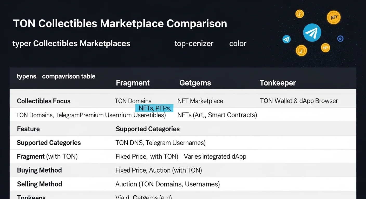 Infographic comparing Fragment, Getgems, and Tonkeeper for TON-based collectibles
