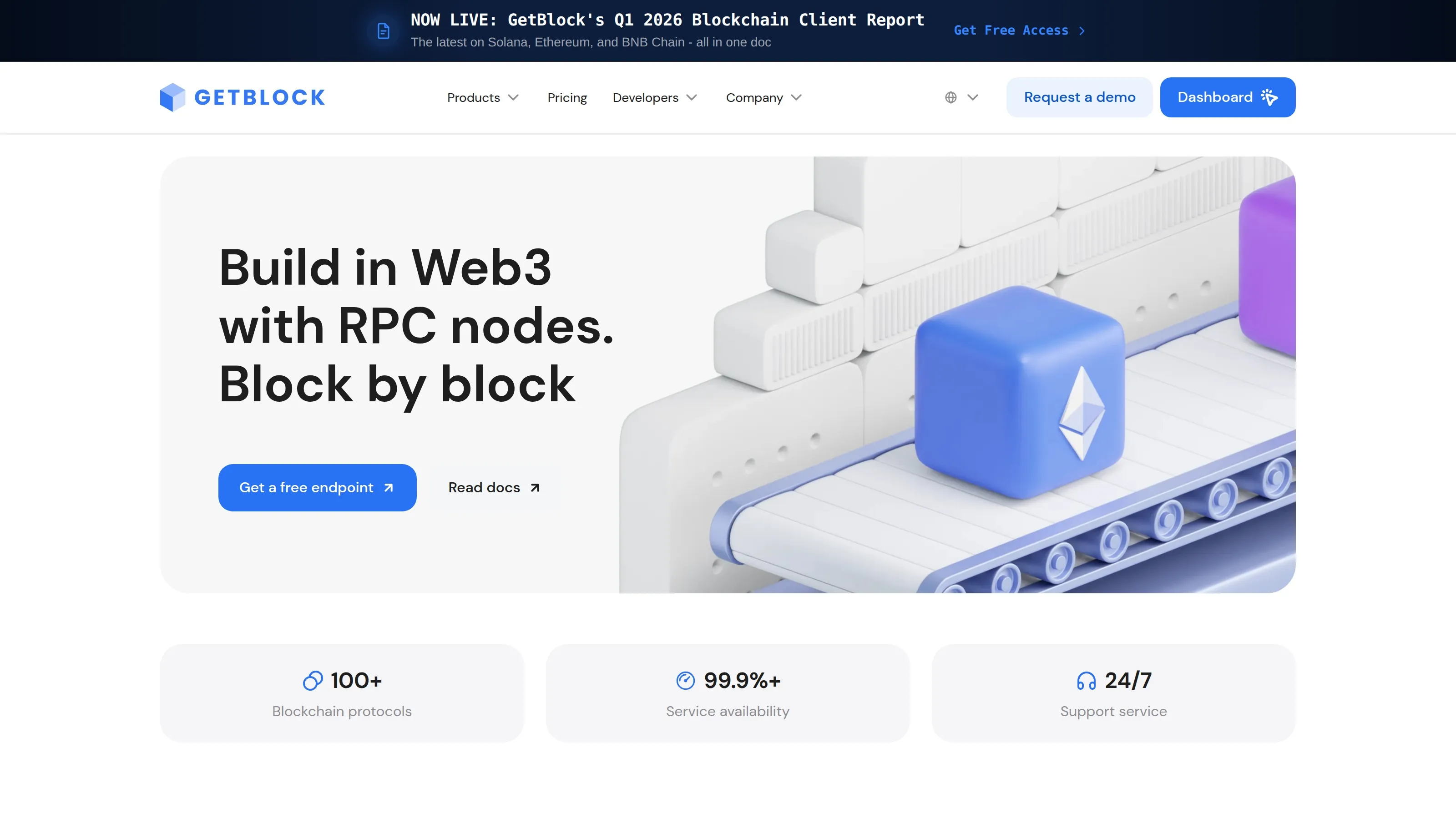 GetBlock homepage showing multichain RPC provider and node access messaging.