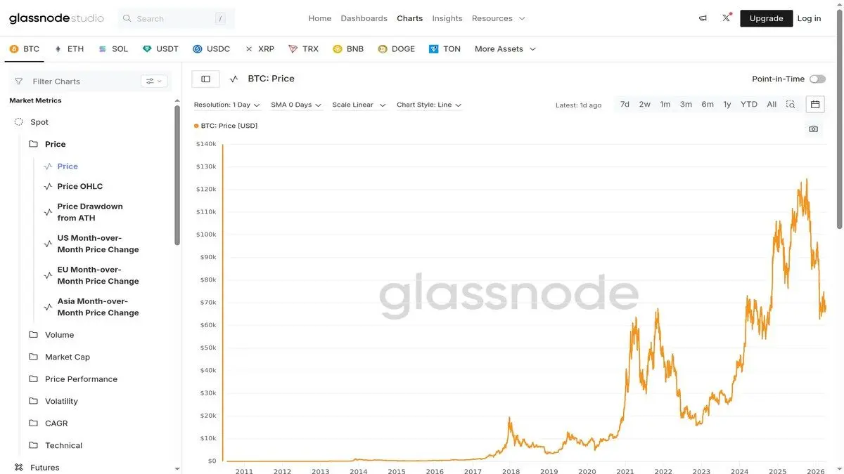Glassnode Bitcoin fiyatı ve makro grafik arayüzü