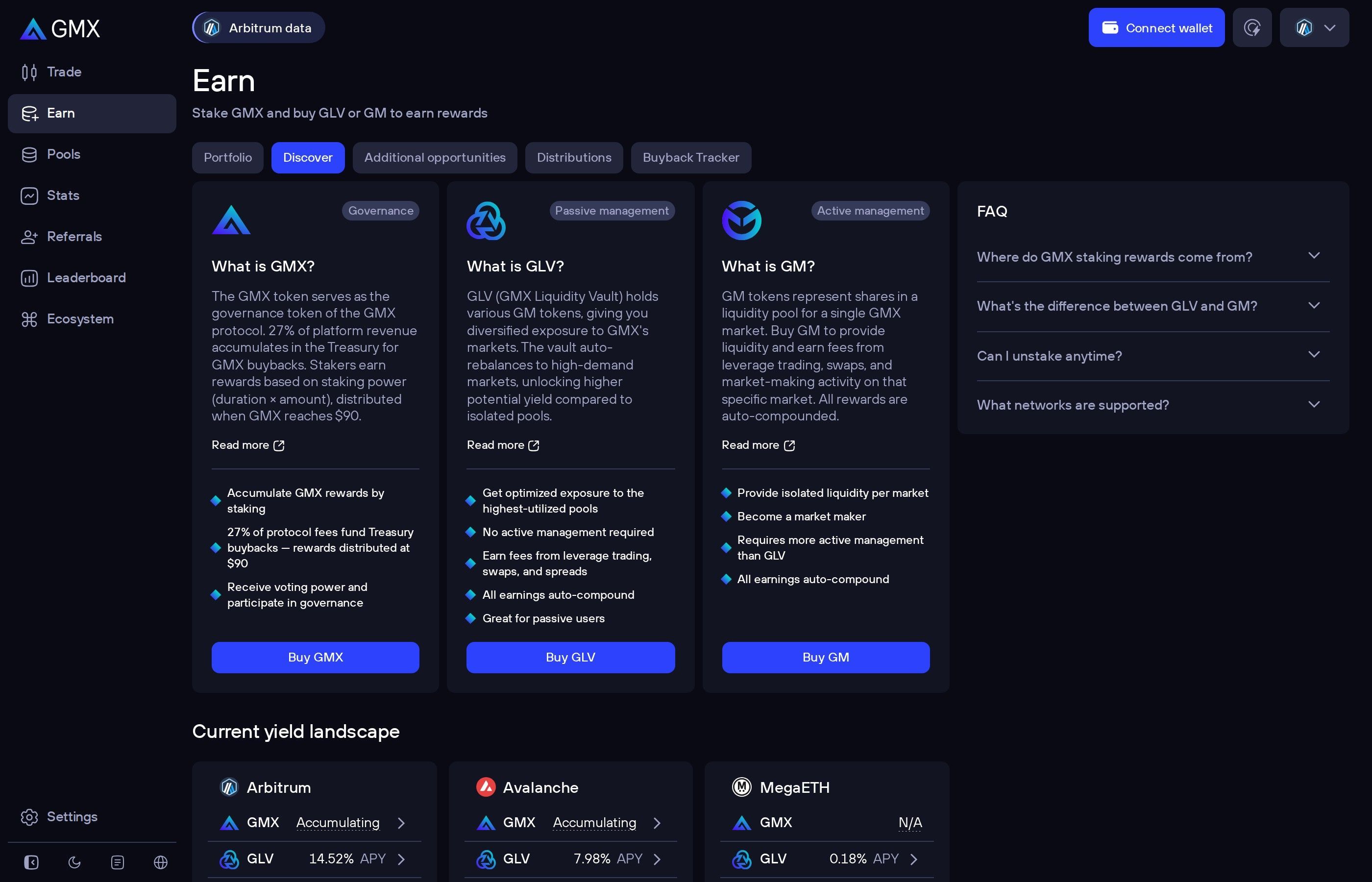 GMX earn page showing GM pool yields and staking options on Arbitrum