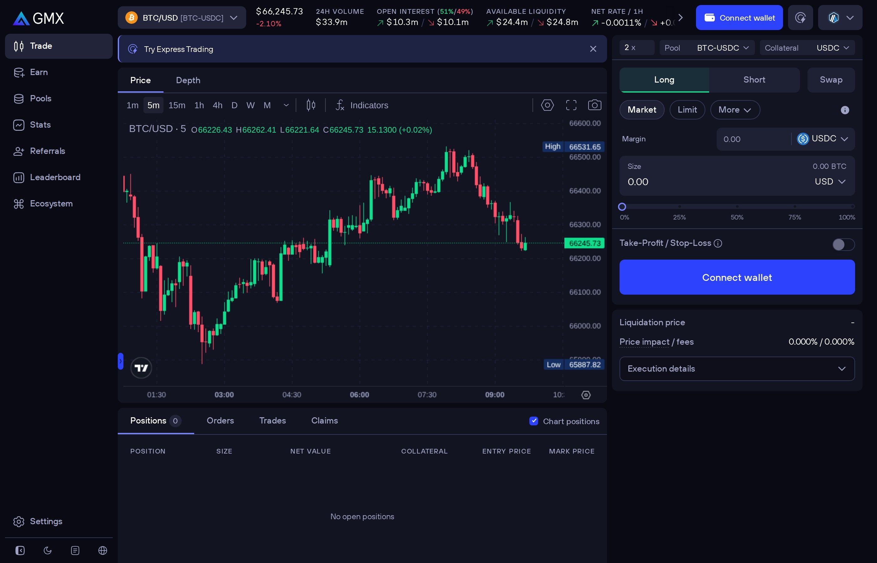 GMX perpetual trading interface on Arbitrum showing trade panel and price chart