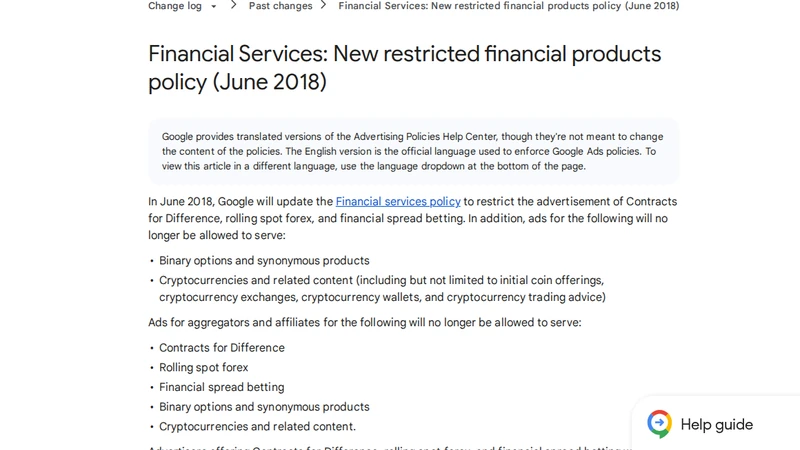 Google advertising policy page showing restricted financial products guidance related to crypto advertising