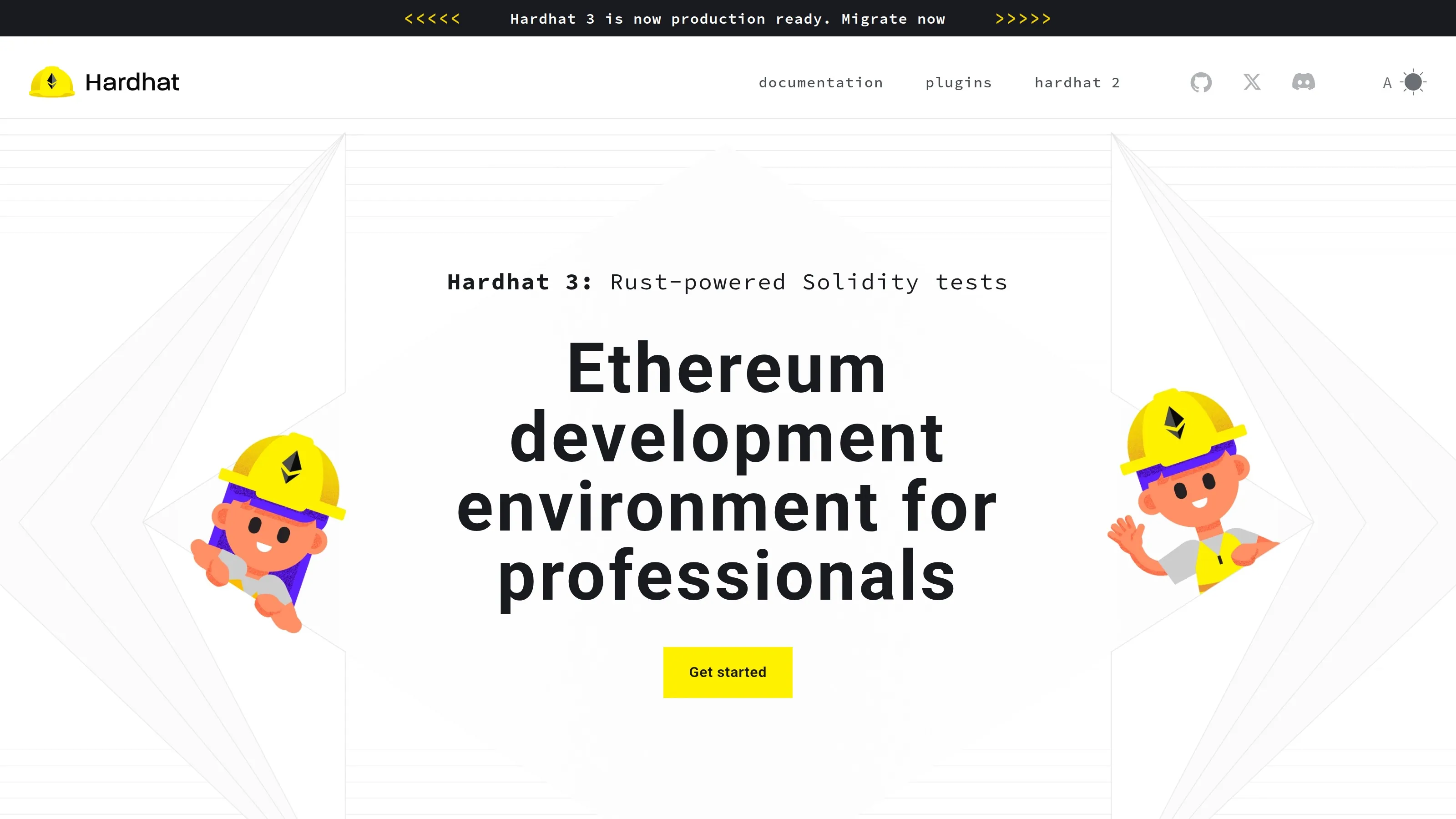 Hardhat homepage showing Ethereum development tooling, testing and deployment resources.