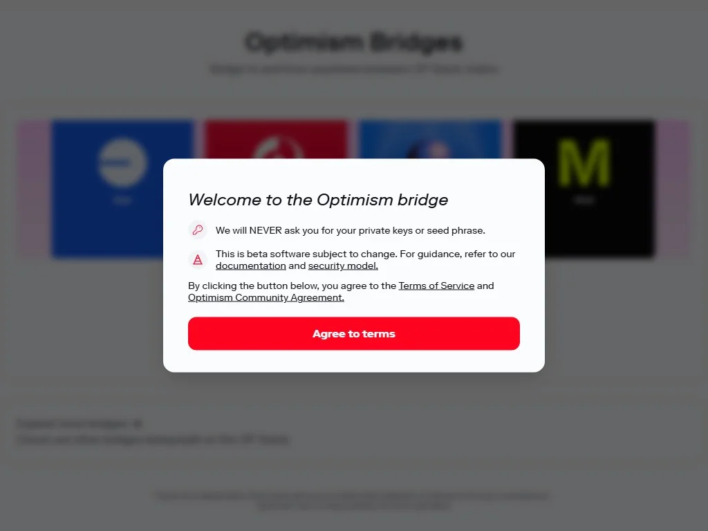 Optimism bridge interface showing ETH route selection between Ethereum mainnet and OP Mainnet