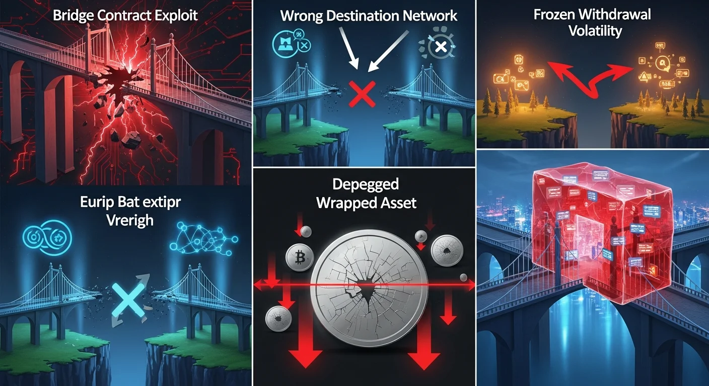 Four-panel illustration of bridging risks: contract exploit, wrong network, depegged wrap, frozen withdrawal