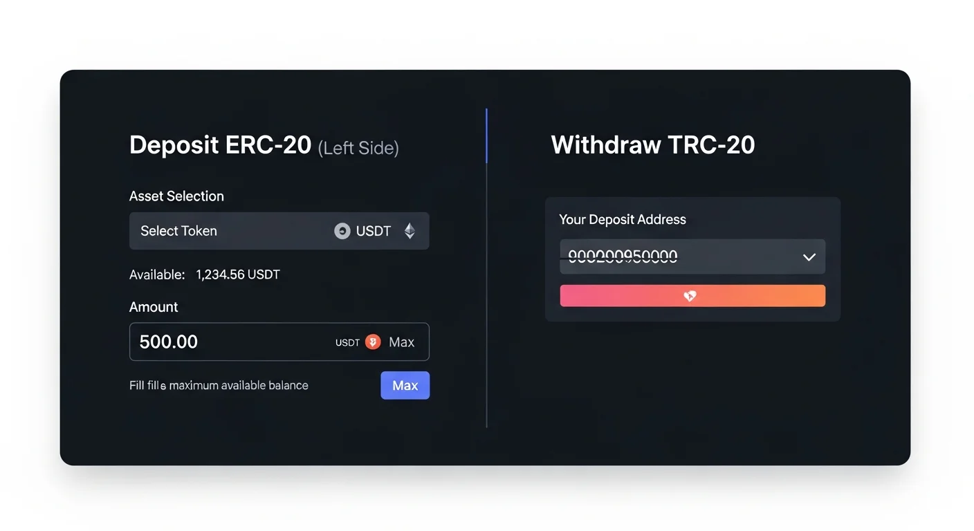 Exchange screen mockup with Deposit ERC-20 and Withdraw TRC-20 panels demonstrating CEX bridging
