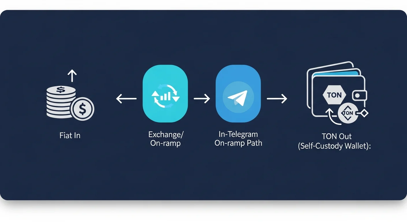 Diagram of the TON buying flow from fiat through an exchange or on-ramp to a self-custody wallet